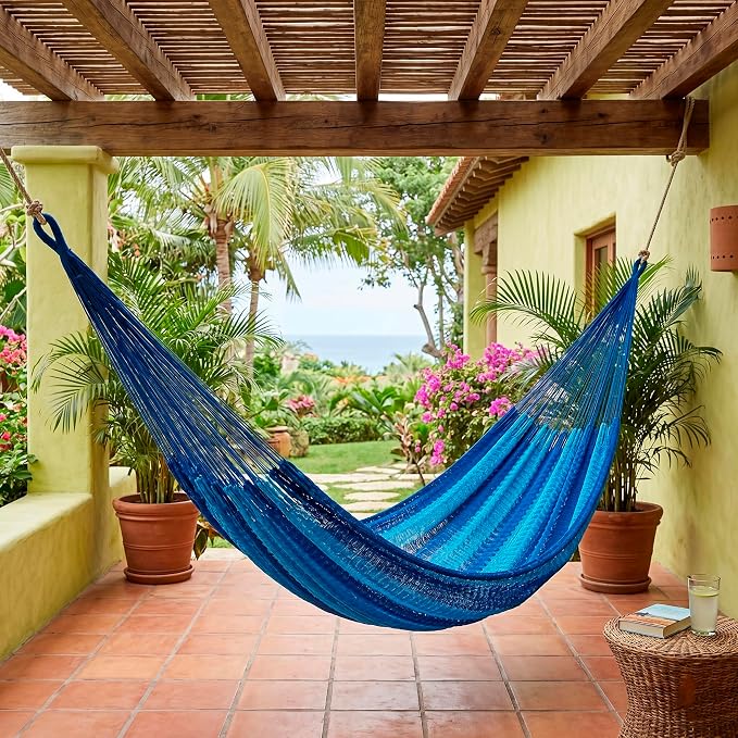 NOVICA Multicolor Sky Blue Striped Hand Woven Nylon Mayan 1 Person Rope Hammock, 'Blue Caribbean' (Single)