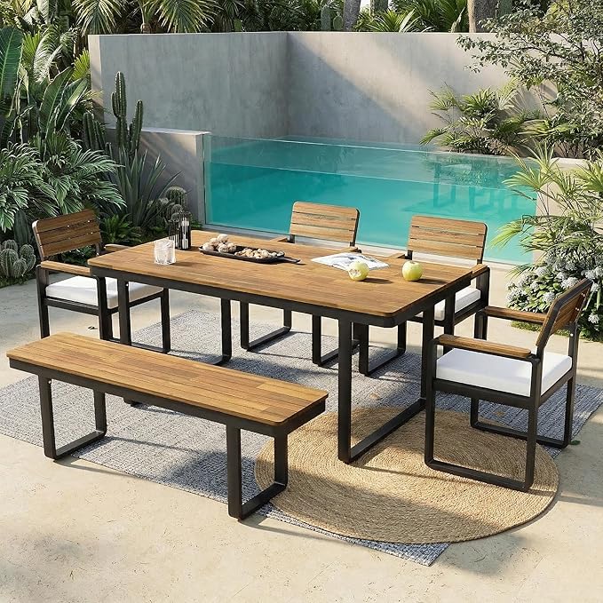 RuiSiSi 6-Piece Outdoor Dining Table Set, Acacia Wood Patio Dining Table Set with 1 Table, 4 Chairs, 1 Bench, Comfortable Cushions and Adjustable Feet for Patio, Garden, Backyard, Beige Cushion