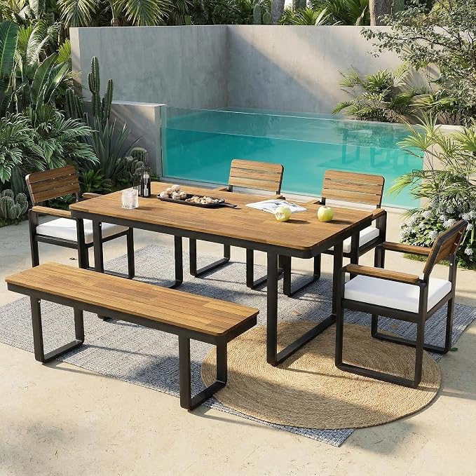 NicBex 6-Piece Patio Dining Set, Outdoor Table and Chairs for 6, Acacia Wood & Metal Frame with Umbrella Hole, Comfortable Cushions & Adjustable Feet, for Garden, Backyard, or Porch, Beige Cushions