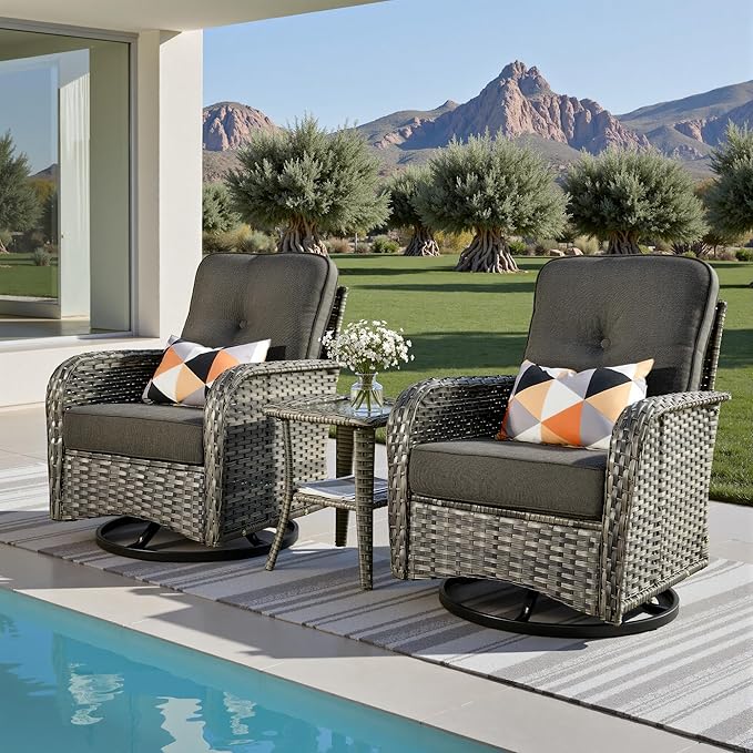 3-Piece Patio Furniture Set, Outdoor Wicker Furniture with Coffee Table, High Back Swivel Rocker Patio Chairs, Modern Rattan Outdoor Chairs Conversation Set for Porch, Balcony, Garden, Black