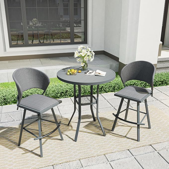 VICLLAX Outdoor Bar Table, 35.4" Wide Round Patio Bar-Height Table Weather Resistant Metal Slatted Tabletop with Umbrella Hole for Front Porch Deck, Backyard, Dark Grey
