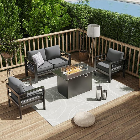 Amopatio Patio Furniture with Fire Pit, 5 Pcs Aluminum Outdoor Sectional Metal Patio Sofa Sets with Aluminum Fire Pit Table for Backyard(Included Waterproof Covers)