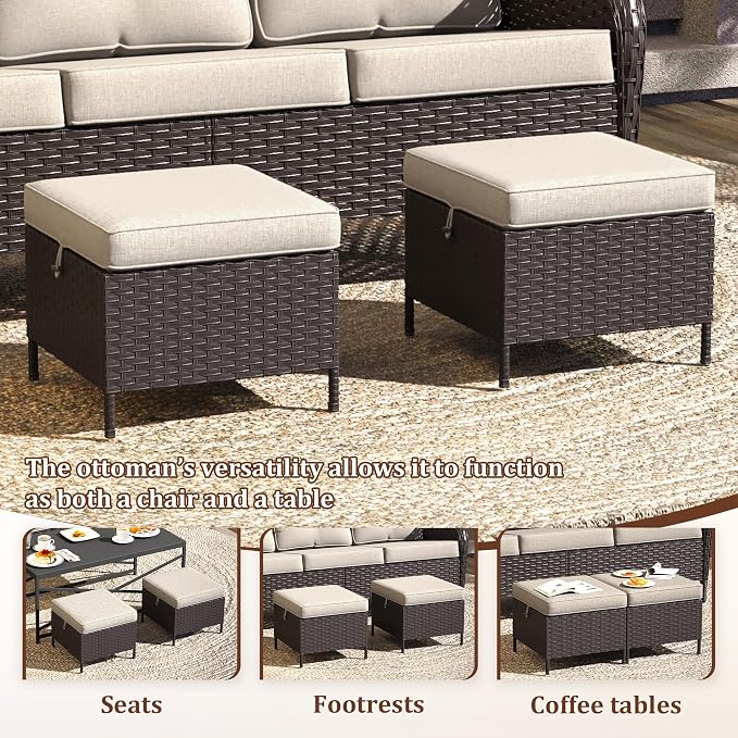 Outdoor Patio Ottoman Set of 2, All Weather Rattan Wicker Ottoman Seat, Outdoor Footstool Footrest Seat for Patio, Backyard, Poolside, Garden