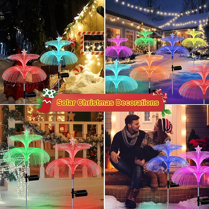 MRHEPHAESTUS Solar Garden Lights, 4 Pack Solar Star Jellyfish Lights 7 Color Changing Fiber Optic Light Gardening Gifts for Mom Grandma Women, Flower Light for Outdoor Yard Garden Decor