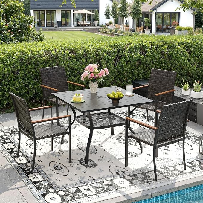 DIFY 5 Piece Patio Dining Set for 4, Wicker Stackable Patio Chairs & 37.8" Square Black Metal Dining Table with Umbrella Hole, All Weather Outdoor Table and Chairs Set for Deck Garden Backyard