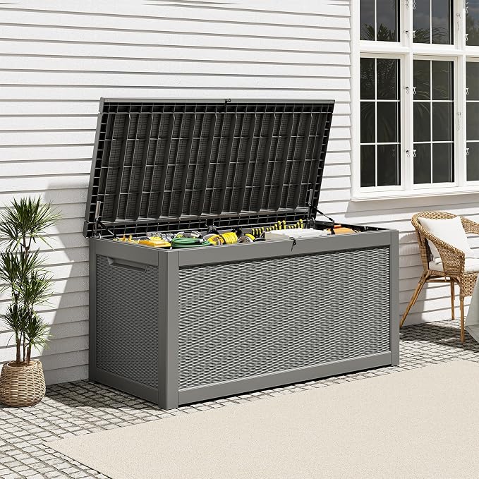Outdoor Storage Box, Resin Deck Boxes Indoor and outdoor, Waterproof Storage Box Lockable Lid Grey,280 Gallon