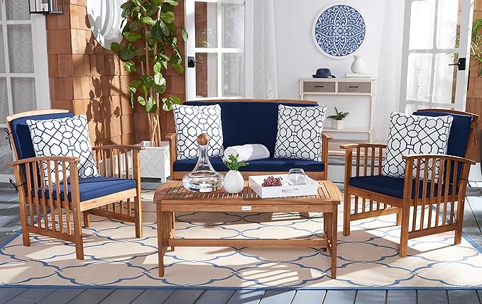 SAFAVIEH Outdoor Collection Rocklin Natural/ Navy Blue Cushions/ Geometric Pattern Pillows 4-Piece Conversation Patio Set
