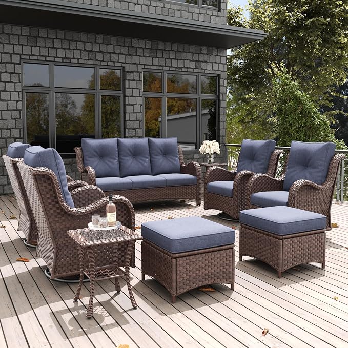 LayinSun 9 Pieces Outdoor Patio Furniture Set, Rattan Wicker Sectional Swivel Rocker Chairs Sets with Ottomans, Swivel Glider Chairs and Coffee Table