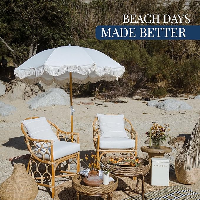 Beach Umbrella for Sand with Fringe – Luxury Boho Outdoor Umbrella for Beach, Pool, Garden, UPF 50+ Wood Shaft Metal Fittings Round with Carry Bag From