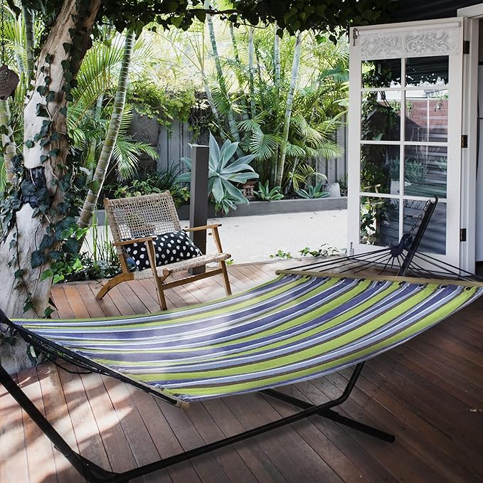 Northlight 32816522 Lime Green and Royal Blue 55" x 78" Stripe Poly Cotton Hammock with Wooden Bars and Tassels