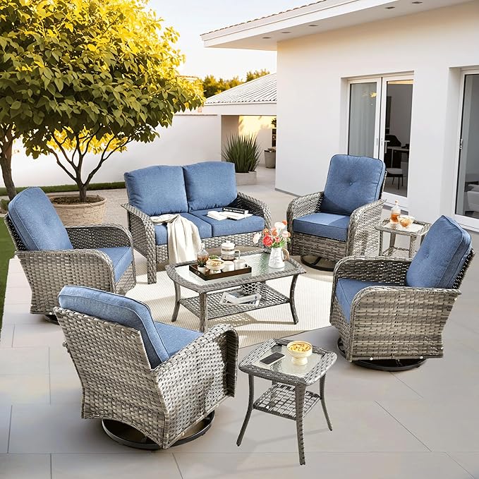 ovios 8-Piece Patio Furniture Set, Outdoor Wicker Sofa with Swivel Chairs Coffee Table, High Back Rattan Couch Loveseat with Comfy Cushions for Porch Yard Deck, Denim Blue