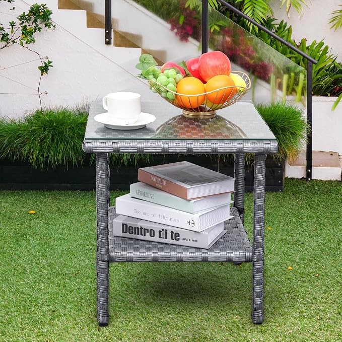 Valita Outdoor Wicker Glass Top Side Table - Patio Rattan Square End Table with Storage, Grey