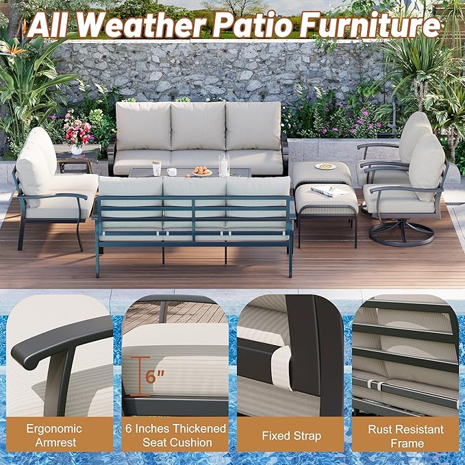 HOMREST 9 PCS Outdoor Patio Furniture Set with 2 Swivel Rocking Chairs and Metal Coffee Side Table, Patio Conversation Set with 2 Ottomans and 2 3-Seat Sofas, Loveseat for Big Garden, Deck, Poolside
