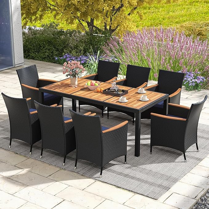HAPPYGRILL 9 Pieces Outdoor Dining Set for 8, Patio Furniture Set with Acacia Wood Tabletop, Umbrella Hole, Seat Cushions, Rattan Dining Table & Chairs Set for Garden Yard Poolside