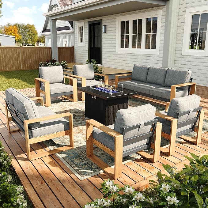 Oversized Aluminum Outdoor Patio Furniture Set, 7-Piece Modern Sectional Conversation Sets with Fire Pit Table, Wide Seat and Thick Cushions