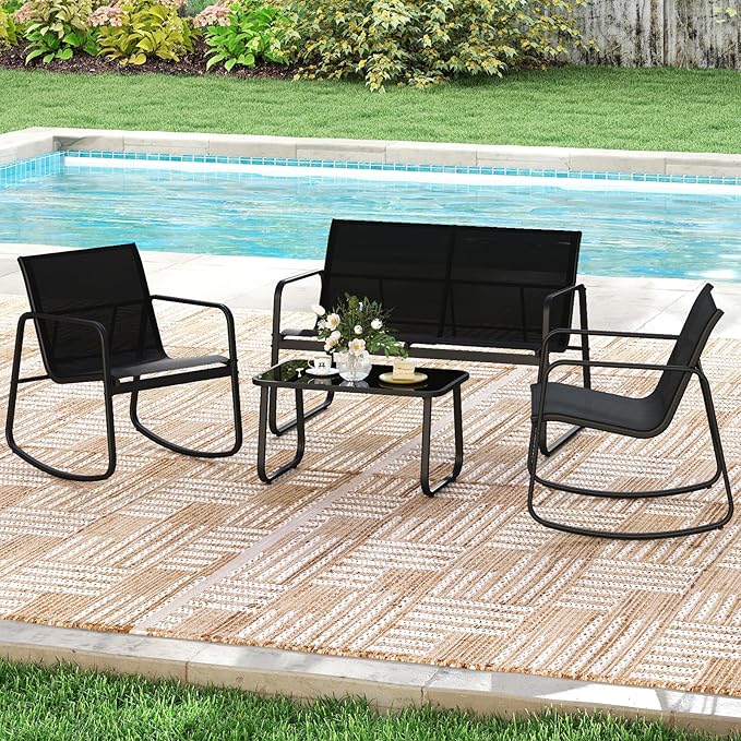 Tangkula 8 Piece Patio Furniture Set, Outdoor Rocking Bistro Set with 4 Rocking Chairs, 2 Loveseats & 2 Tempered Glass Coffee Tables, Porch Rocker Chair Conversation Set for Balcony Poolside Garden