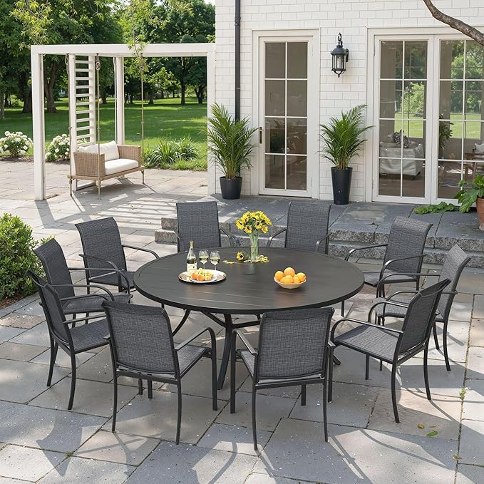 VICLLAX 11 Pieces Patio Outdoor Dining Set, 60" Round Metal Table with Umbrella Hole and 10 Stackable Textilene Chairs for Patio, Lawn, Garden, Porch, Black/Grey