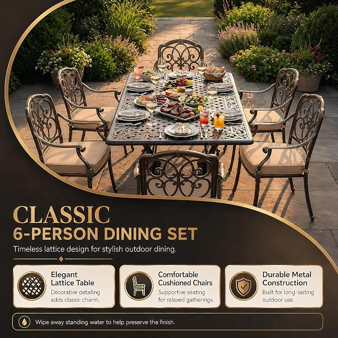 7 Piece Outdoor Dining Set Cast Aluminum, Retro Patio Dining Set for 6 Includes 59” Rectangular Table with Thicker Cushions and Umbrella Hole for Patio Deck Garden Porch