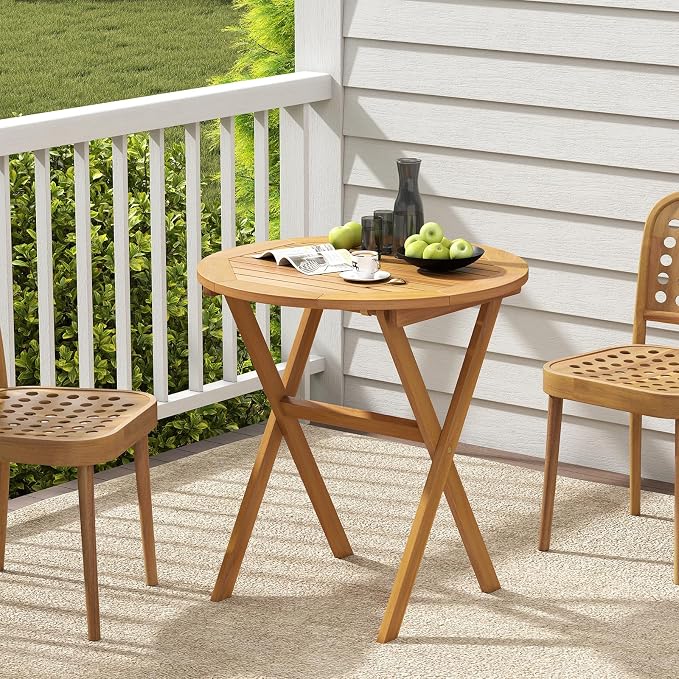 HAPPYGRILL Folding Acacia Wood Patio Table, Round Outdoor Bistro Table 26”, Outside Wooden Coffee Side Table for Porch Balcony Garden and Backyard (1)