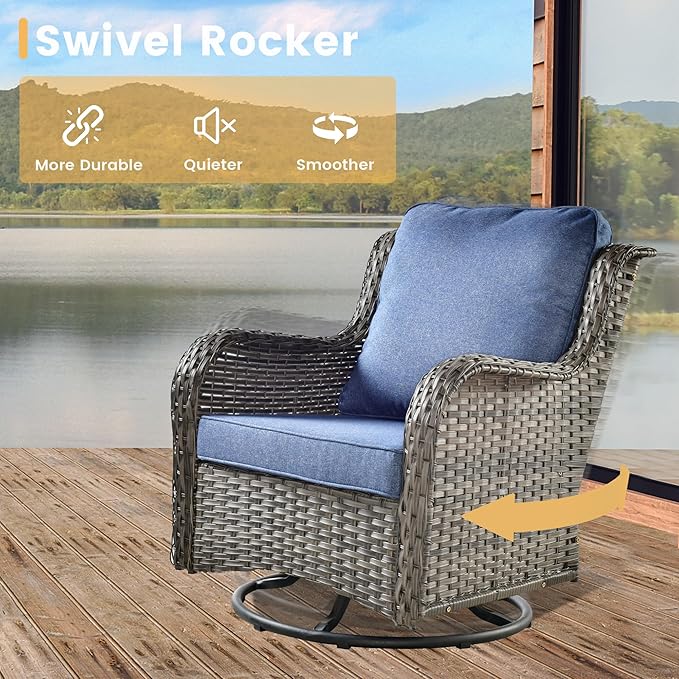 HOOOWOOO Outdoor Patio Furniture with Fire Pit Set 11 Pieces Patio Set with Fire Pit Wicker Outdoor Furniture with Fire Pit Table Set Patio Sectional Set with Swivel Chairs,Denim Blue
