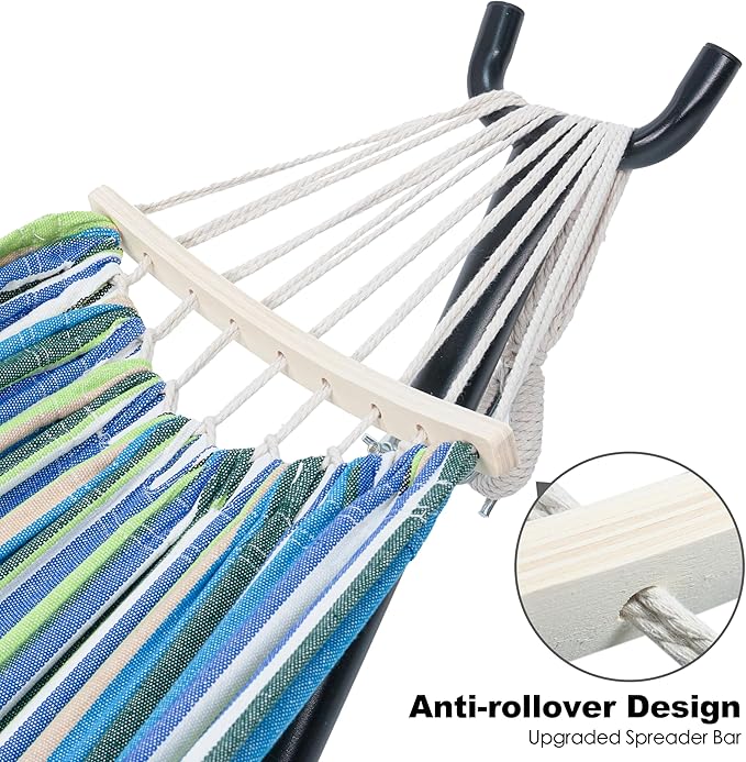 Double Hammock with Stand for Outside, Upgraded Spreader Bar, Heavy Duty Space Saving Steel Stand 2 Person, Convenient Pocket, Easy Assembly, 600lbs Weight Capacity, Indoor & Outdoor (Garden)