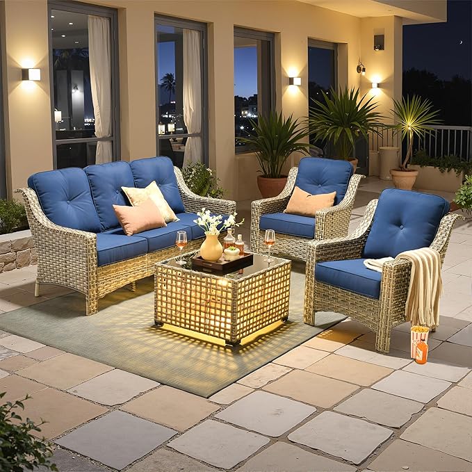 Outdoor Patio Furniture Sets, 4 PCS Patio Conversation Set Outside Rattan Sofa with Solar Light Coffee Table Comfy Cushions Fit Backyard Porch Garden Poolside Balcony,Navy Blue