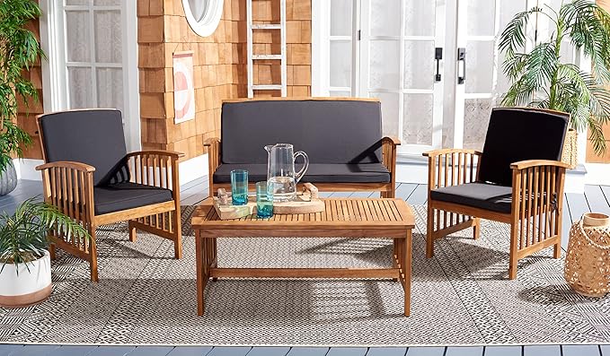 SAFAVIEH Outdoor Collection Rocklin Natural/ Black Cushion 4-Piece Conversation Patio Set