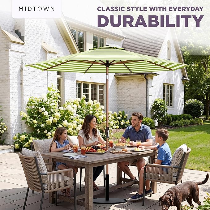 Midtown Umbrellas Wooden 2-10 Ft Patio Umbrella with 360° Swivel & Tilt Mechanism, 8 Fiberglass Ribs & Terylast Polyester Fabric for Deck, Pool, Garden & Porch - Pear Stripes Canopy, Wooden Pole