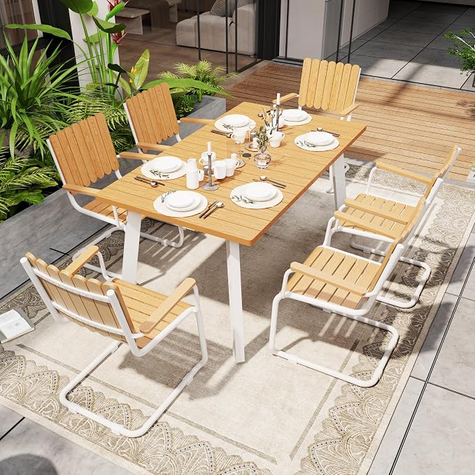 7 Piece Outdoor Conversation Set for 6, HDPE Patio Seating Set with Table and Chairs, All-Weather Outdoor Lounge Furniture with Umbrella Hole for Garden, Porch, Poolside, White & Teak