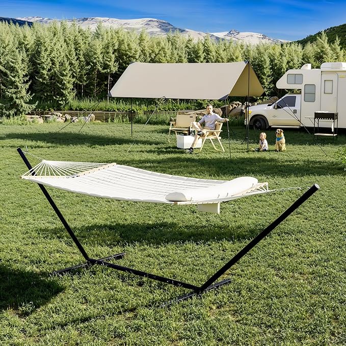 2 Person Hammock with Stand for Outdoor, 475 Lbs Capacity, Heavy Duty Portable Hammock with Adjustable Steel Stand for Patio, Garden, Beach, Backyard - Includes Carrying Bag, Beige