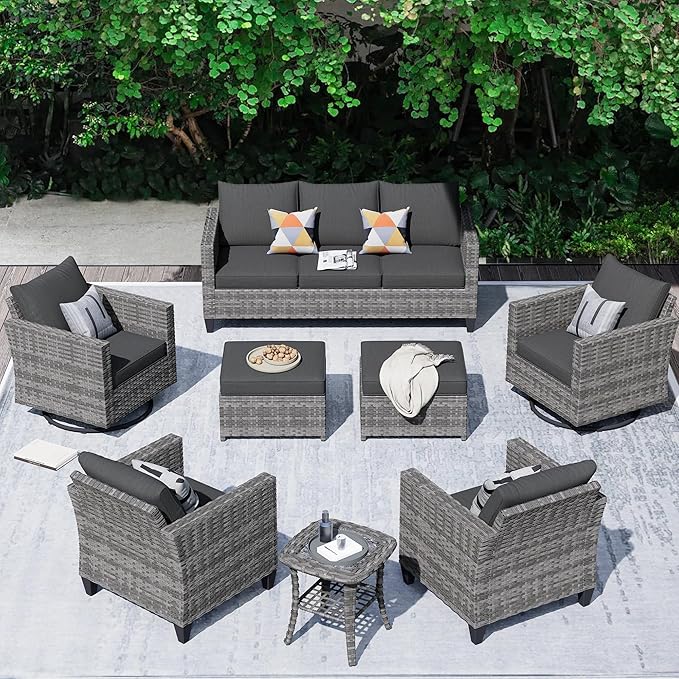 HOOOWOOO Wicker Patio Conversation Sets,8 Piece Outdoor Furniture Set with Swivel Rocking Chairs,All Weather Resistant Modern Outside Out Door Rattan Couch Chairs Side Table Set,Black