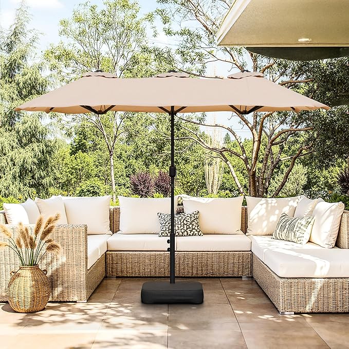 Vongrasig 13FT Large Patio Umbrellas with Base Included, Outdoor Double sided Pool Umbrellas with Crank Handle, Large Rectangle Table Umbrella for Poolside Backyard Market, Khaki