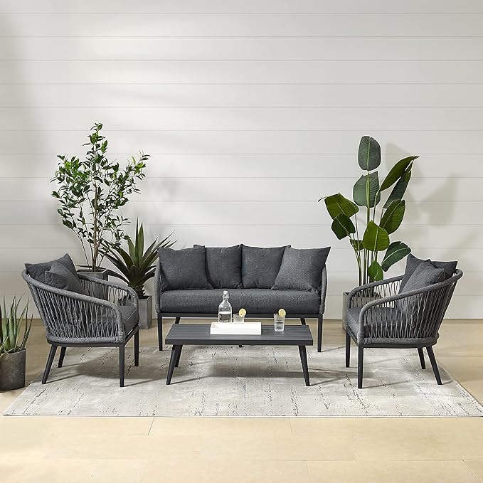 Crosley Furniture Dover 4-Piece Outdoor Loveseat Patio Furniture Set, Conversation Sets for Porch, Deck, Matte Black with Charcoal Cushions