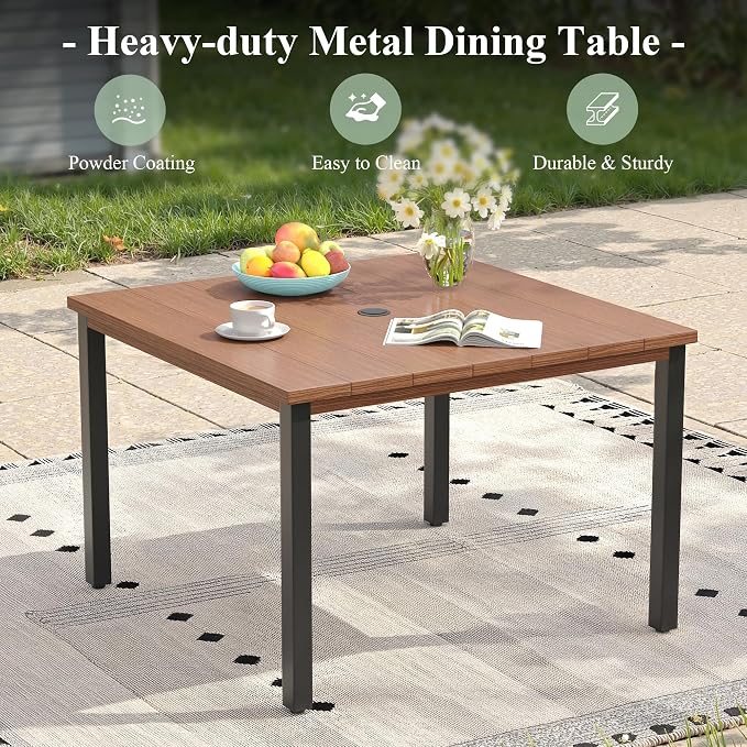 5 Pieces Outdoor Dining Set, 40.2" Square Table with Umbrella Hole & Stackable Patio Dining Chairs, Patio Table and Chairs Set for Deck Garden Porch, Black Chairs & Walnut Table