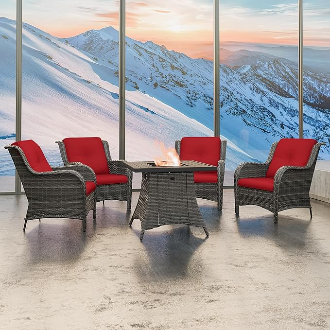 5 Pcs Patio Furniture Set with Fire Table-31'' Fire Pit Table, 4 Outdoor Rattan Wicker Conversation Chairs (4 Fixed Chairs) (Red)