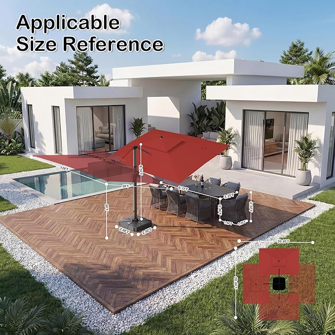 9x12 FT Patio Umbrella with Weighted Base and LED Lights Cantilever Outdoor Large Heavy Duty Rectangle Aluminum Offset Umbrellas Double Top 360 Rotation for Pool Deck Garden, Red