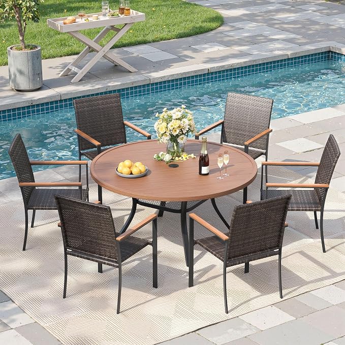 Round Patio Dining Set for 6, 47.2" Round Metal Table with Umbrella Hole and Stackable Wicker Patio Chairs, Outdoor Furniture Set for Deck Backyard Garden, Walnut Chairs, Walnut Table