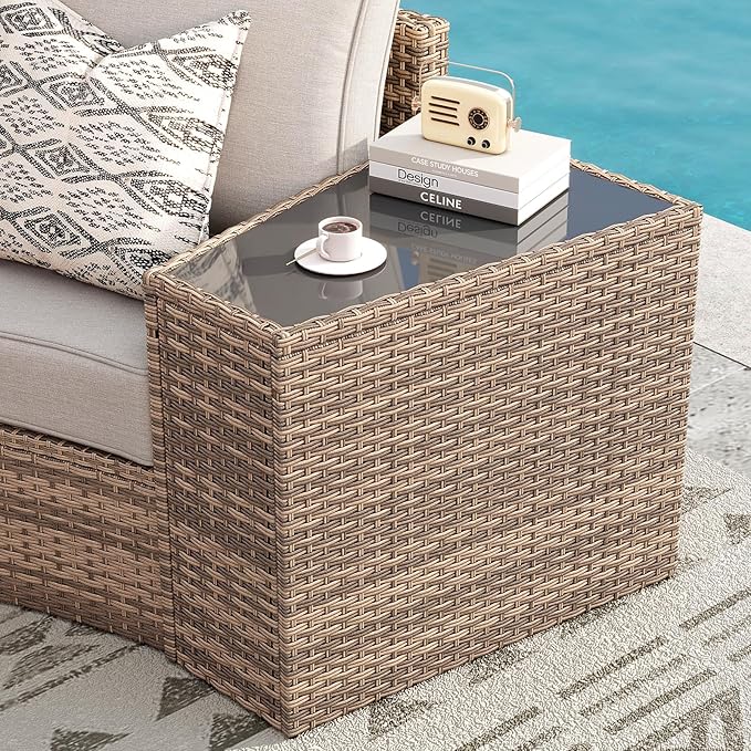 PaPaJet 11-Piece Patio Furniture Set, Half-Moon Outdoor Wicker Sectional Sofa with Large Storage Wedge Table, All-Weather Wicker Conversation Set for Backyard, Garden, or Deck, Beige