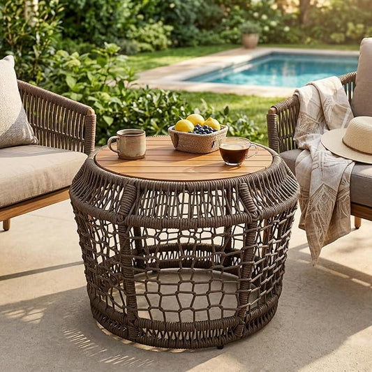 Outdoor Side Table with Grey Rope Frame, Patio Side Tables for Outside, Round Acacia Wood Outdoor End Table for Poolside Backyard Gazebo,No Assembly Required