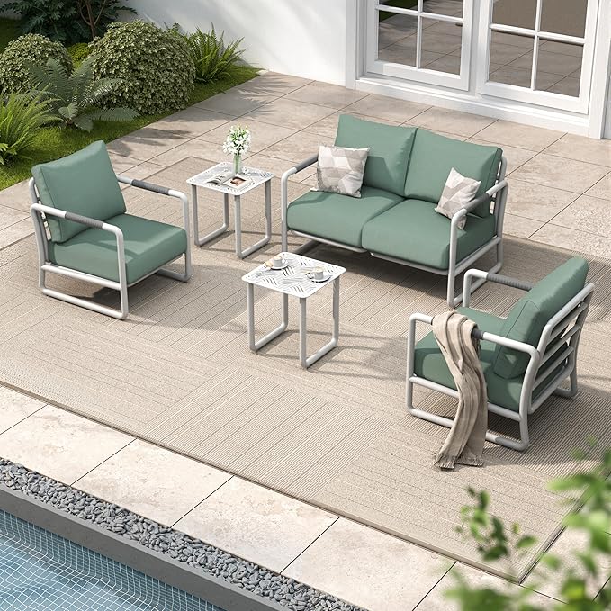 MBY Outdoor Aluminum Patio Furniture Set, 4-Seats Patio Conversation Sofa Set with 2 Coffee Table and Thickened Cushions, All Weather for Pool, Garden-White