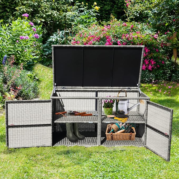 DORTALA 88 Gallon Deck Box Organizer, Wicker Large Indoor Outdoor Storage Container Cabinet for Patio Furniture Cushions Garden Tools, Gray