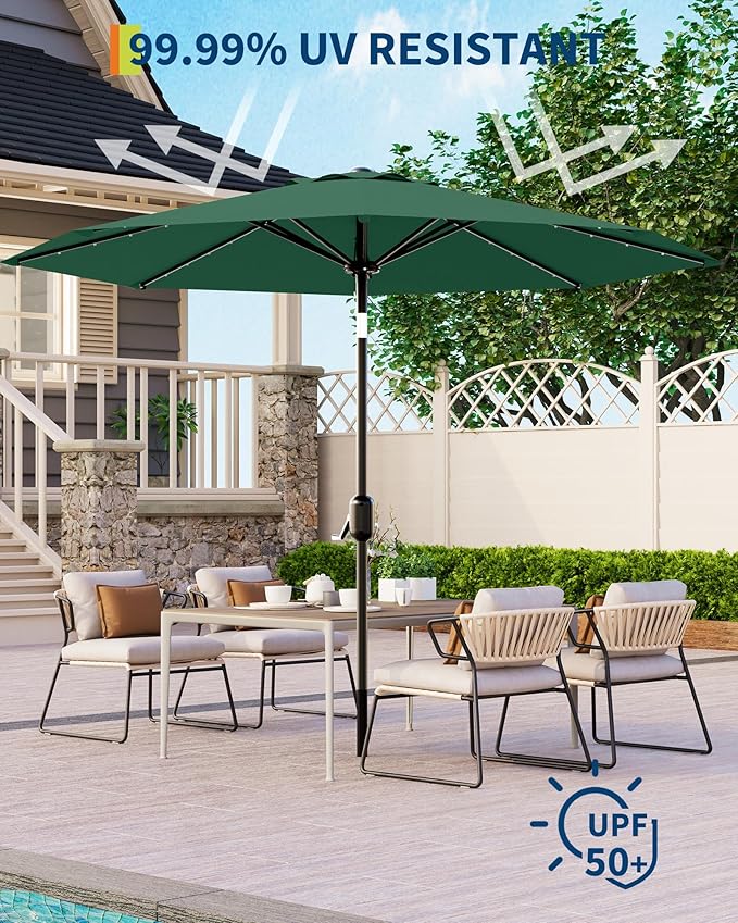 GarveeLife 9 ft Patio Umbrella with Solar Lights, Outdoor Table Umbrella with 32 LED Lights & Tilt Crank, 8 Ribs Market Umbrella for Pool, Deck, Backyard, Dark Green