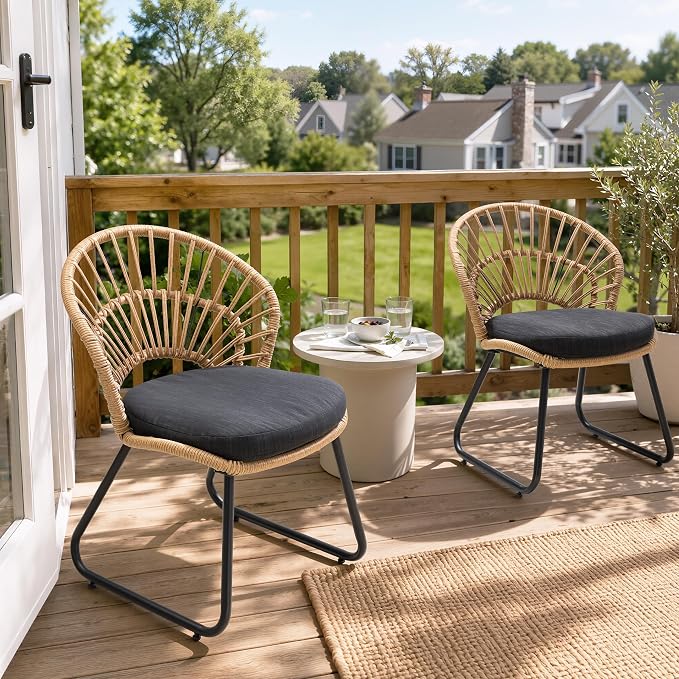 Rattan Patio Dining Chairs Set of 2, Hand-Woven Wicker Outdoor Chair | Shell Shaped Back with 2.6” Black Cushion, Sled Metal Frame Patio Side Chairs for Garden Backyard Porch