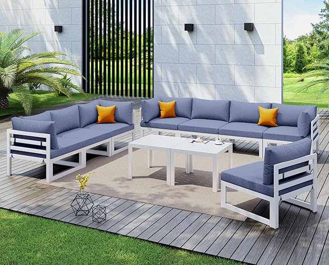 NICESOUL 8 People Extra Large Luxury Aluminum Patio Conversation Set for Backyard Garden, 29" Deep Wide Seat, U Shaped Modular Sectional Couch, 500 lbs Heavy Duty All Weather Outdoor Sofa, Denim Blue
