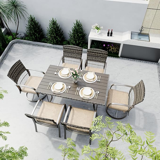 Pamapic 7-Piece Outdoor Dining Set with Table, Patio Furniture Includes 2 Swivel Chairs, 4 Wicker Chairs & Beige Removable Cushions, Weather Resistant Iron Frame for Backyard, Deck, Garden (Beige)