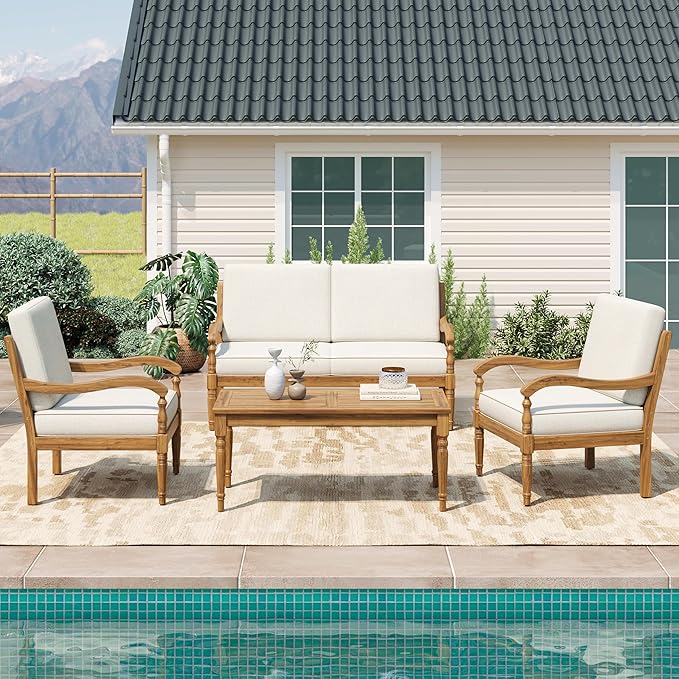4-Piece Patio Conversation Set, All Weather Outdoor Acacia Wood Sofa Seating Group with 2 Chairs, Loveseat, Coffee Table, 4.72 inch Thick Cushions