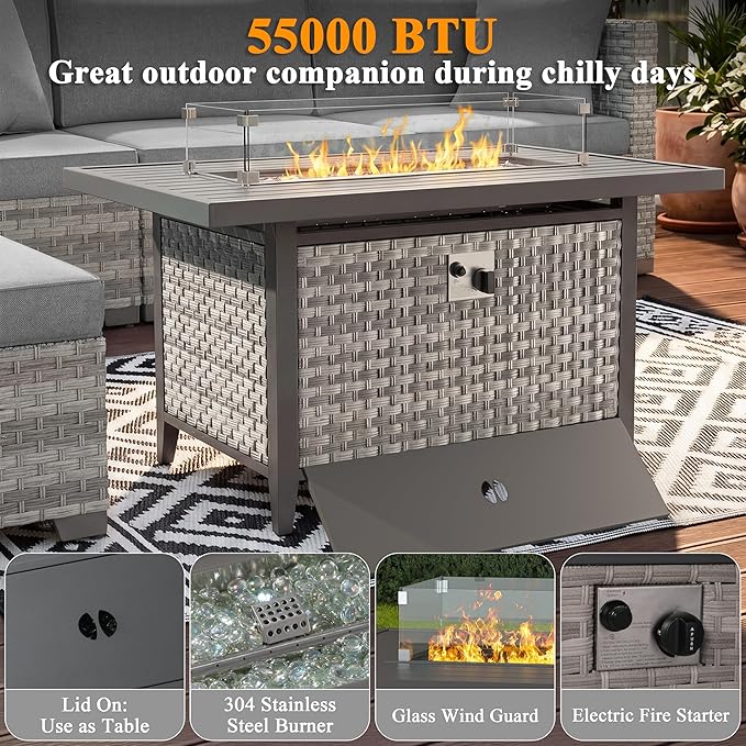 7 Piece Wicker Patio Furniture Set with 55,000 BTU Fire Pit Table, Swivel Rocking Chairs, 4''Cushions, PE Rattan, Wind Guard Glass, for Backyard, Deck or Balcony, Grey