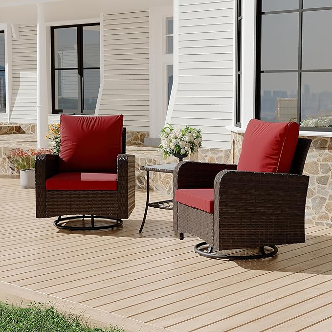 HOMREST 3 Piece Outdoor Swivel Chairs -All Weather Wicker Patio Bistro Table and Chairs Set of 4 Small Patio Furniture Set for Balcony Porch Deck Backyard (Wine Red)