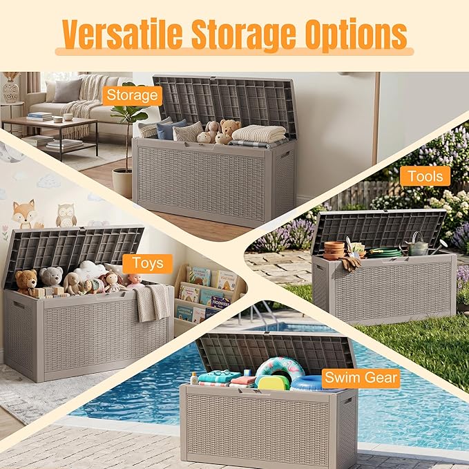 Outdoor Storage Box,95 Gallon Resin Deck Box,Waterproof & UV Resistant Lockable Package Delivery Bin,Toy Cabinet for Indoor & Outdoor