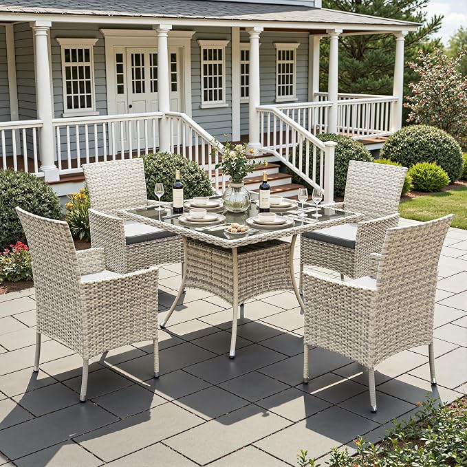 5-Piece Patio Dining Set, Patio Furniture Set with Square Tempered Glass Table & 4 Wicker Chairs, Expandable Design for Larger Groups, Outdoor Furniture for Backyard, Deck, Garden, Grey